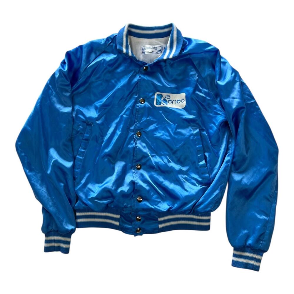 Vintage U.S. Genes Capricorn Jacket Mens Medium Blue Satin Bomber Logo USA 80s
